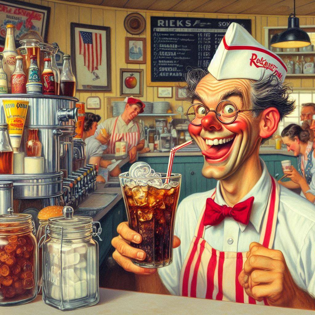 Smiling soda jerk in striped apron and paper hat holding cola at vintage 1950s diner counter