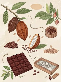 Illustrated infographic of chocolate production stages: cacao pods, beans, and a chocolate bar