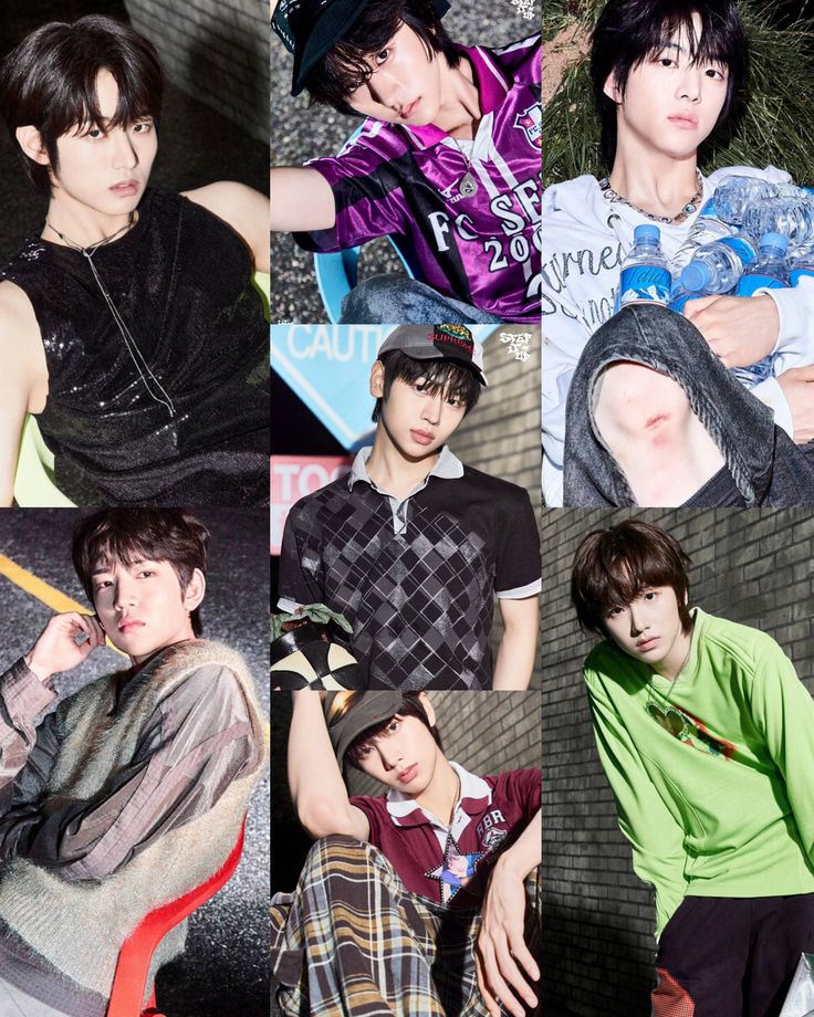 Collage of seven K-pop male idols in colorful streetwear outfits