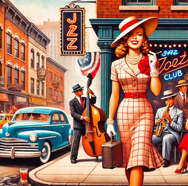 Vintage illustration of a stylish woman outside a jazz club with musicians and a blue classic car