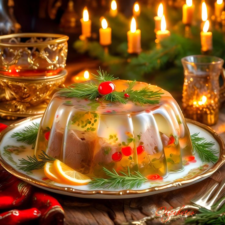 Translucent molded aspic dessert with cranberries and pine garnish, lit candles in background