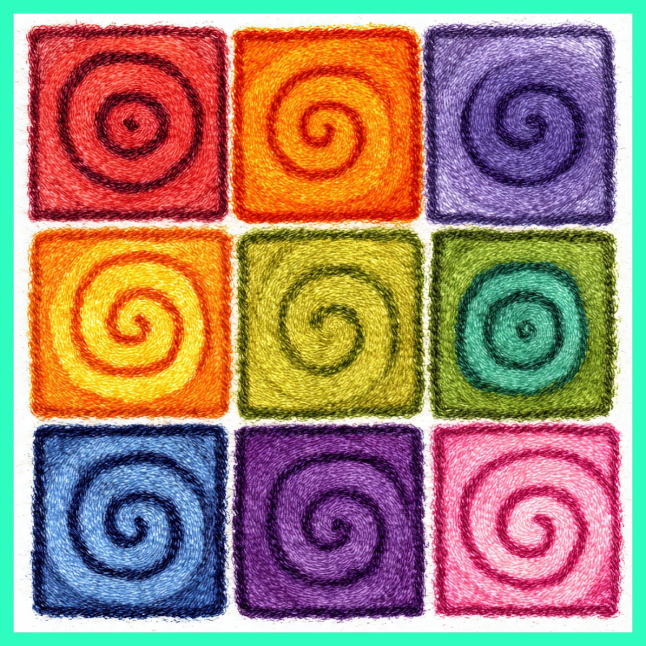 Grid of nine colorful squares with spiral patterns in red, orange, purple, yellow, green, blue, and pink