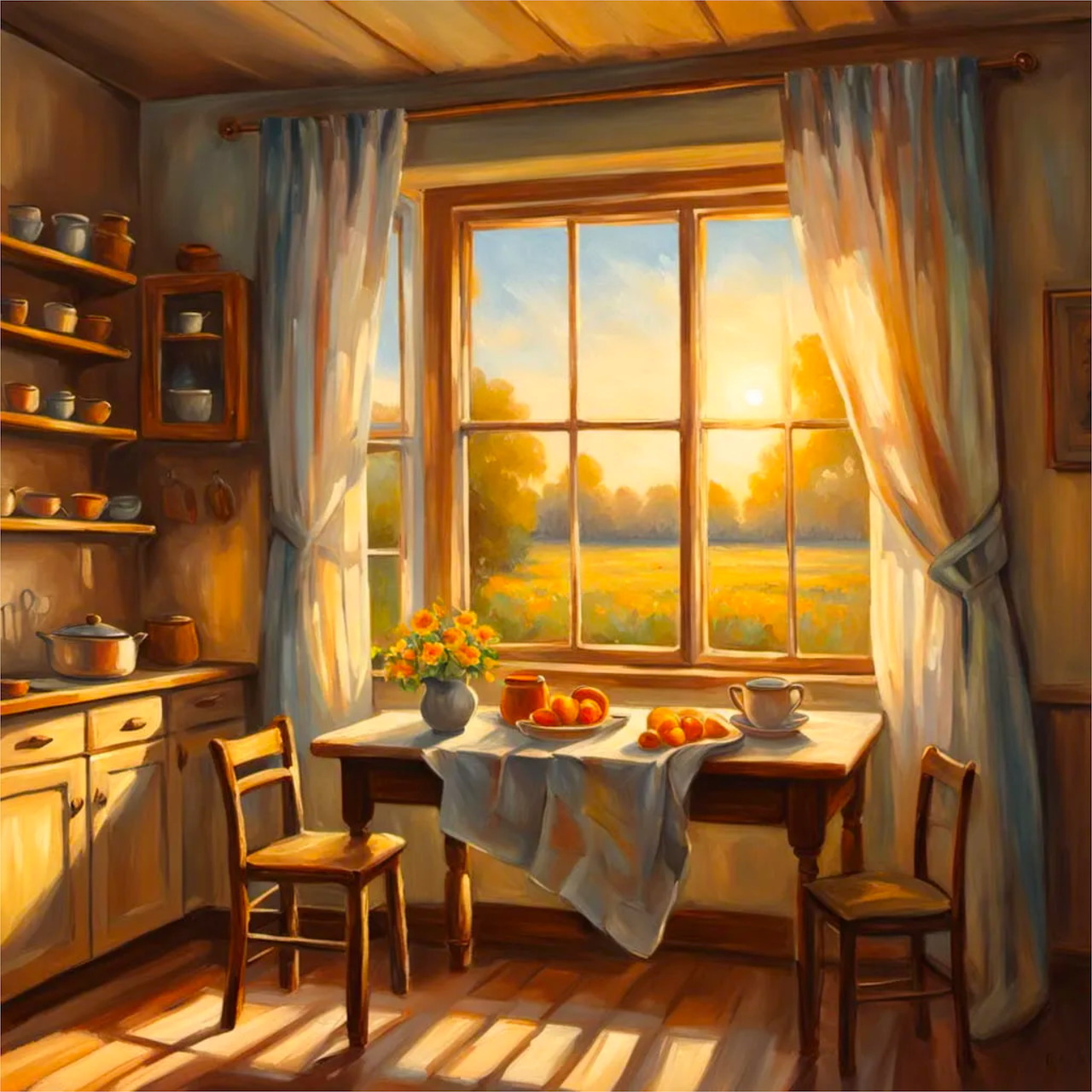Sunlit rustic kitchen interior with a table by the window, chairs, curtains, shelves, and flowers