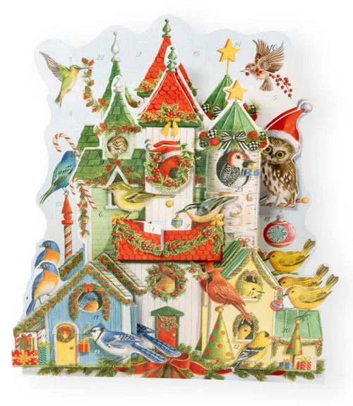 Illustrated advent calendar with colorful birdhouses, various birds, owls, and Christmas decorations