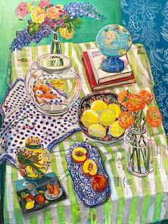 Colorful still life painting of a table with a fishbowl, globe, books, flowers, and fruit