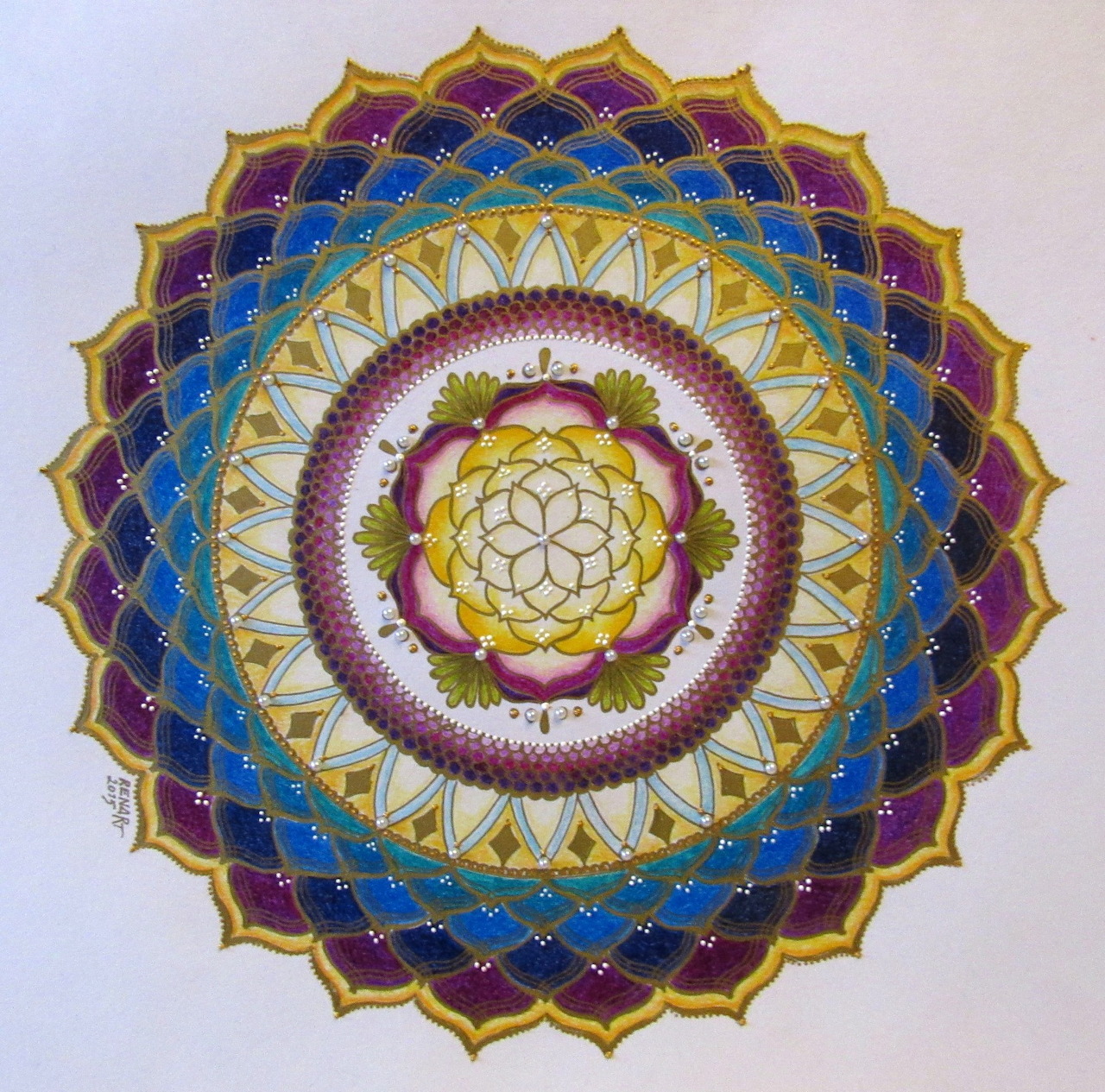 Ornate circular mandala with concentric rings of geometric patterns in vibrant purple, blue, gold, and pink colors