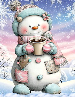 Cute snowman wearing a hat and scarf, holding a hot mug in a snowy winter scene