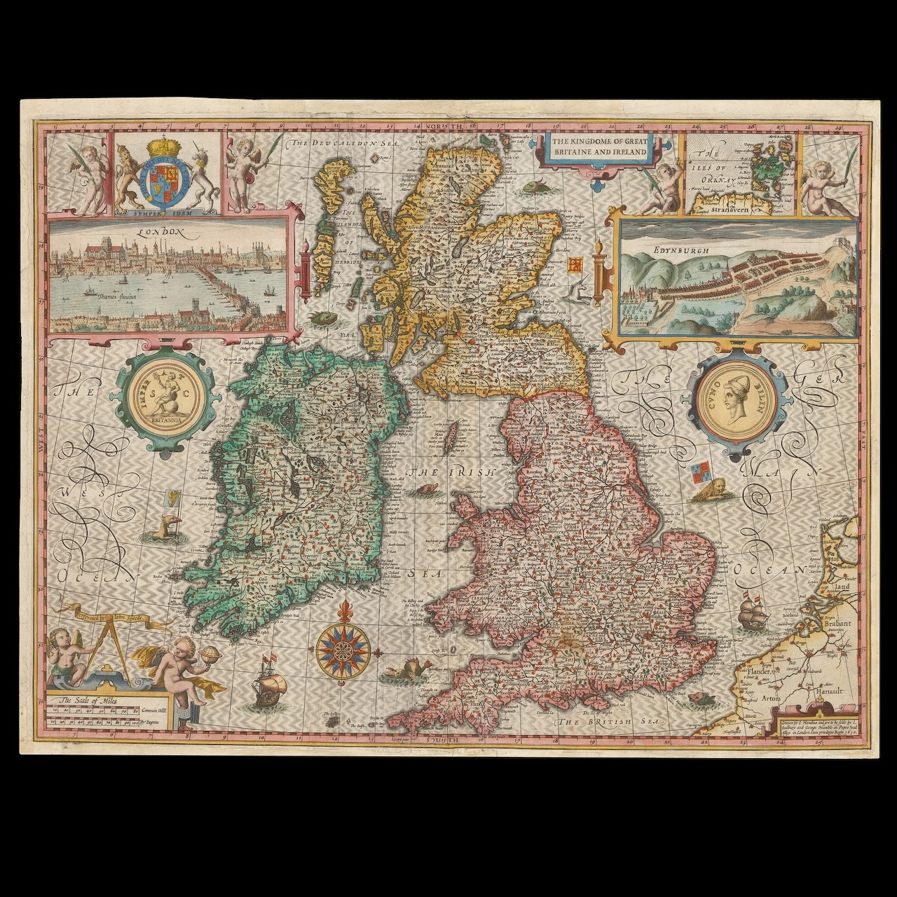 Antique map of Great Britain and Ireland with ornate borders and decorative inset illustrations
