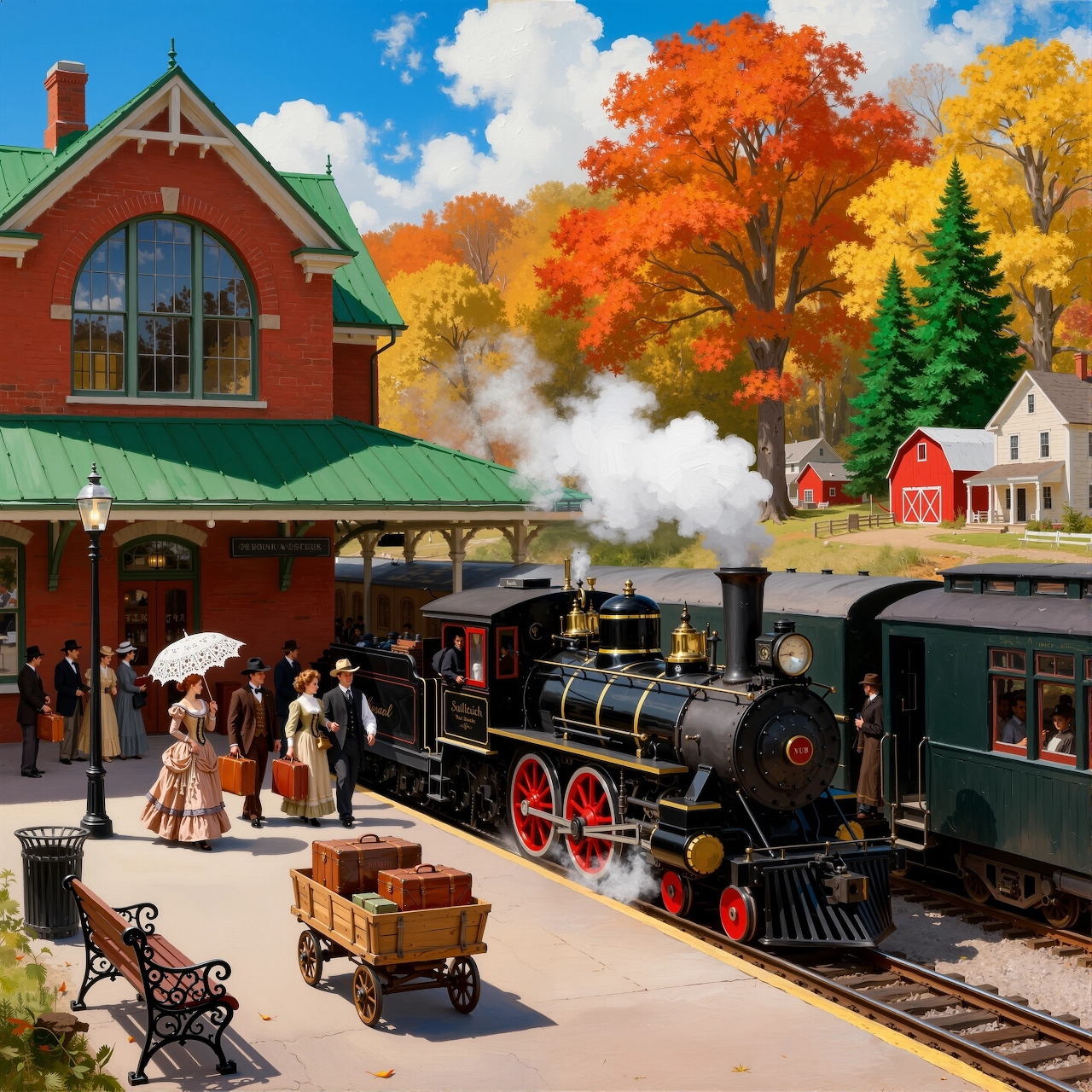 Steam train at vintage station platform with autumn trees and waiting passengers in period clothing