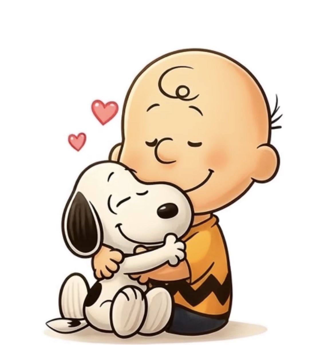 Charlie Brown hugs Snoopy in a cute cartoon with two pink hearts