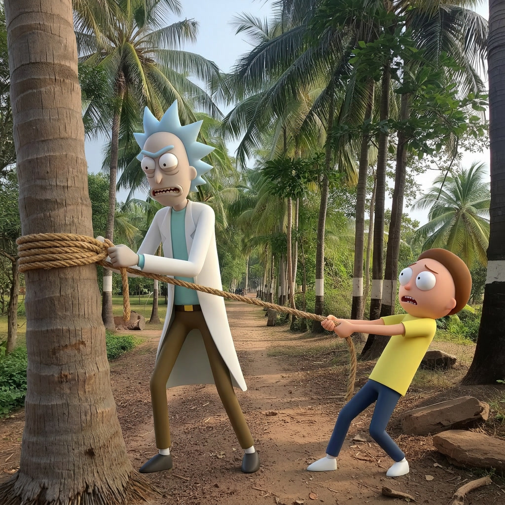 Rick and Morty characters rendered in 3D standing among palm trees in a tropical outdoor setting