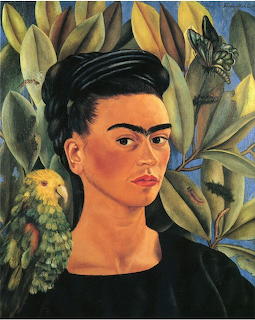 Painting of Frida Kahlo with upswept black hair, yellow parot, and tropical foliage background