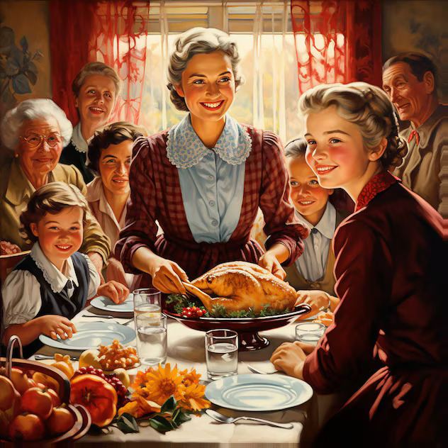 1950s family gathering around Thanksgiving dinner table with turkey and fall harvest foods