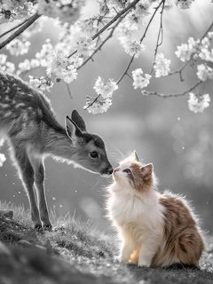 Cat and Deer Under Blossoms