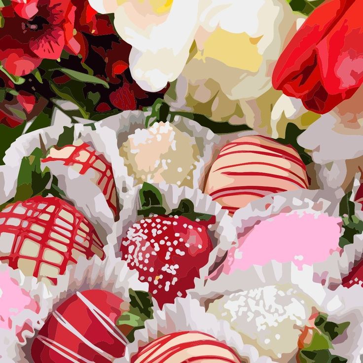Close-up of assorted chocolate-covered strawberries in paper cups with flowers in the background