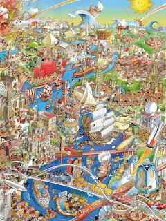 Colorful cartoon illustration of a crowded harbor city with ships, buildings, and many tiny characters