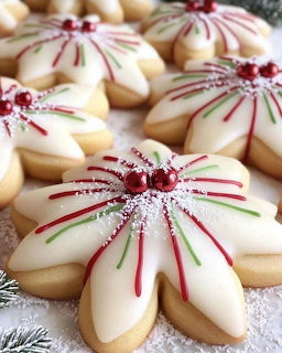Christmas sugar cookies with white icing, red and green decorative piping, and red pearl sprinkles