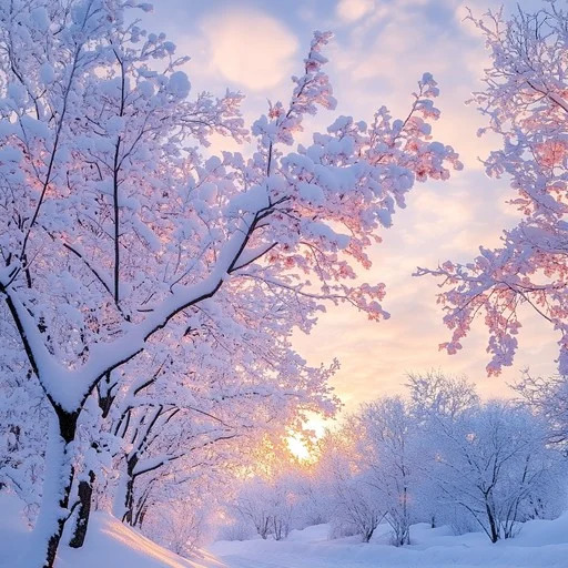 Snow-covered trees in soft pink and blue light at winter sunrise