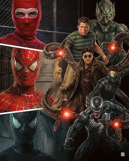 Group illustration of Spider-Man variants and superhero characters in dark costumes with red glowing elements