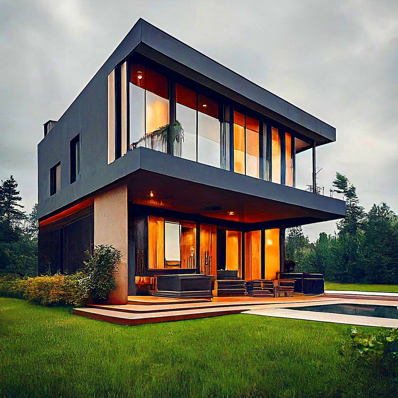 Modern house with glass walls and warm interior lighting at dusk surrounded by lawn and trees
