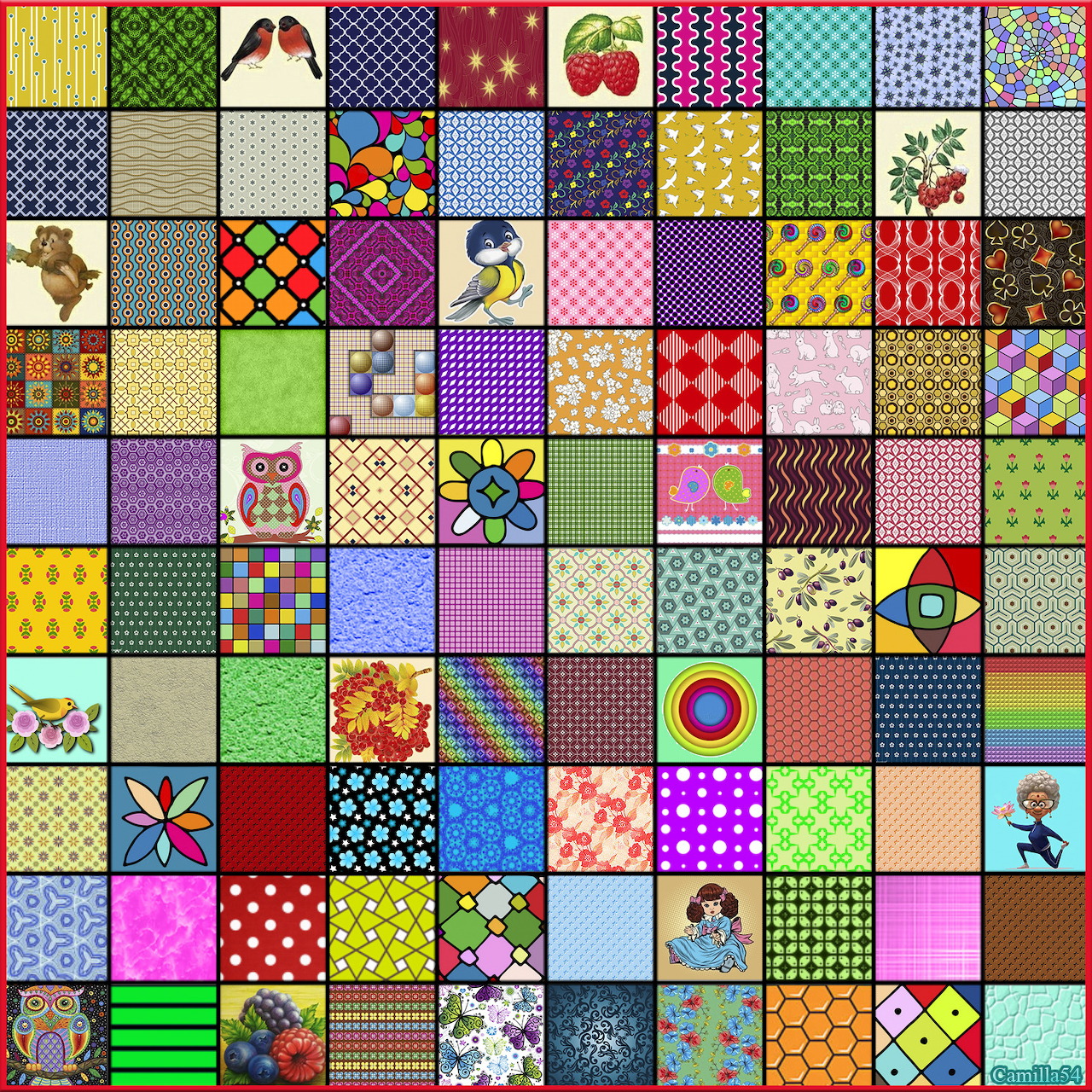 Grid of 100 colorful squares with various patterns, textures, and small illustrations arranged in a patchwork quilt style