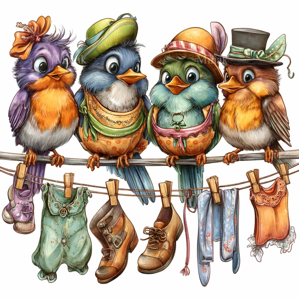 Illustration of four colorful birds on a clothesline with baby clothes and shoes hanging below