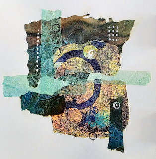 Abstract collage with geometric shapes, circular elements, and textured layers in teal, gold, and navy blue