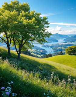 Leafy trees on sunlit green hills overlooking a blue lake valley and distant mountains