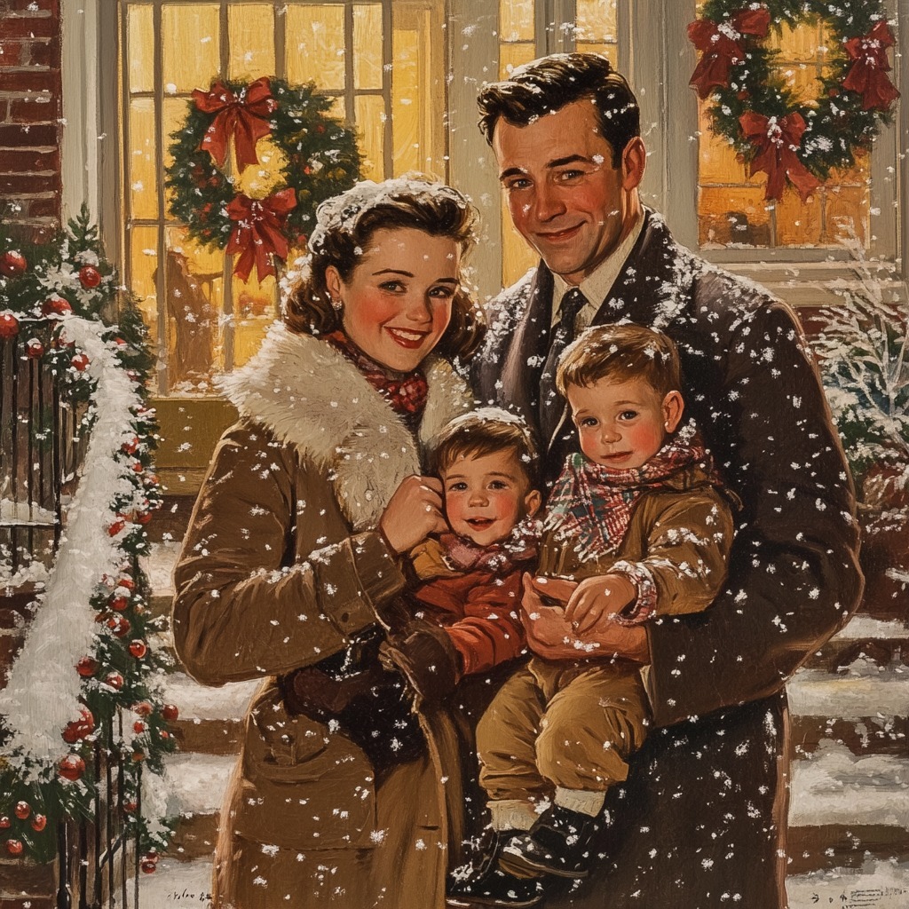 Vintage illustration of smiling family in snow with Christmas wreaths on house windows