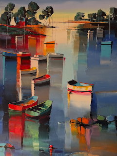 Colorful painting of small boats mored in a harbor with vivid reflections on calm water at sunset