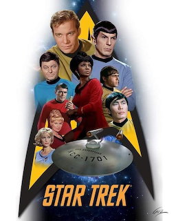 Illustrated Star Trek poster with Kirk, Spock, crew members, and the USS Enterprise in space