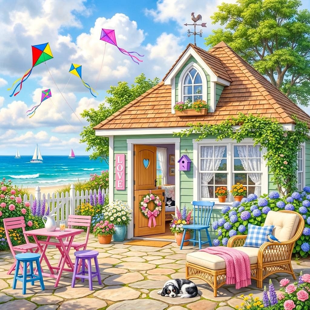 Painted cottage with orange roof, garden furniture, flowers, kites, ocean background