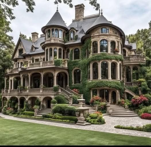 Ornate Victorian mansion with turrets, balconies, ivy-covered stone walls, fountain, and manicured lawn