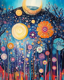Whimsical fantasy garden with colorful flowers, crescent moon, and glowing orbs under starry sky