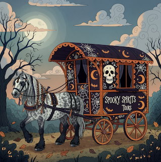 Decorative horse pulling an ornate Halloween-themed gypsy wagon with skull motifs under a full moon at dusk