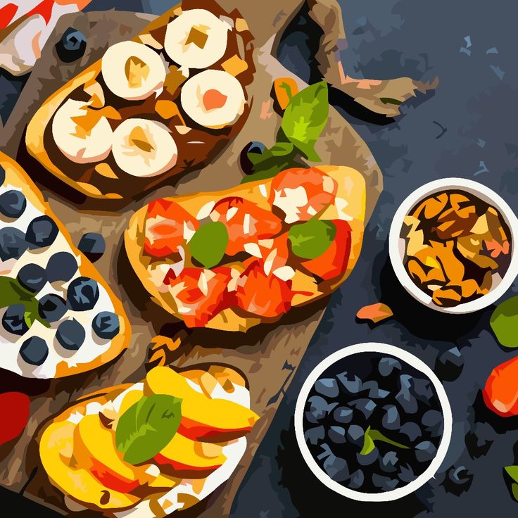 Four decorated toasts with various fruit toppings and berries arranged on wooden boards