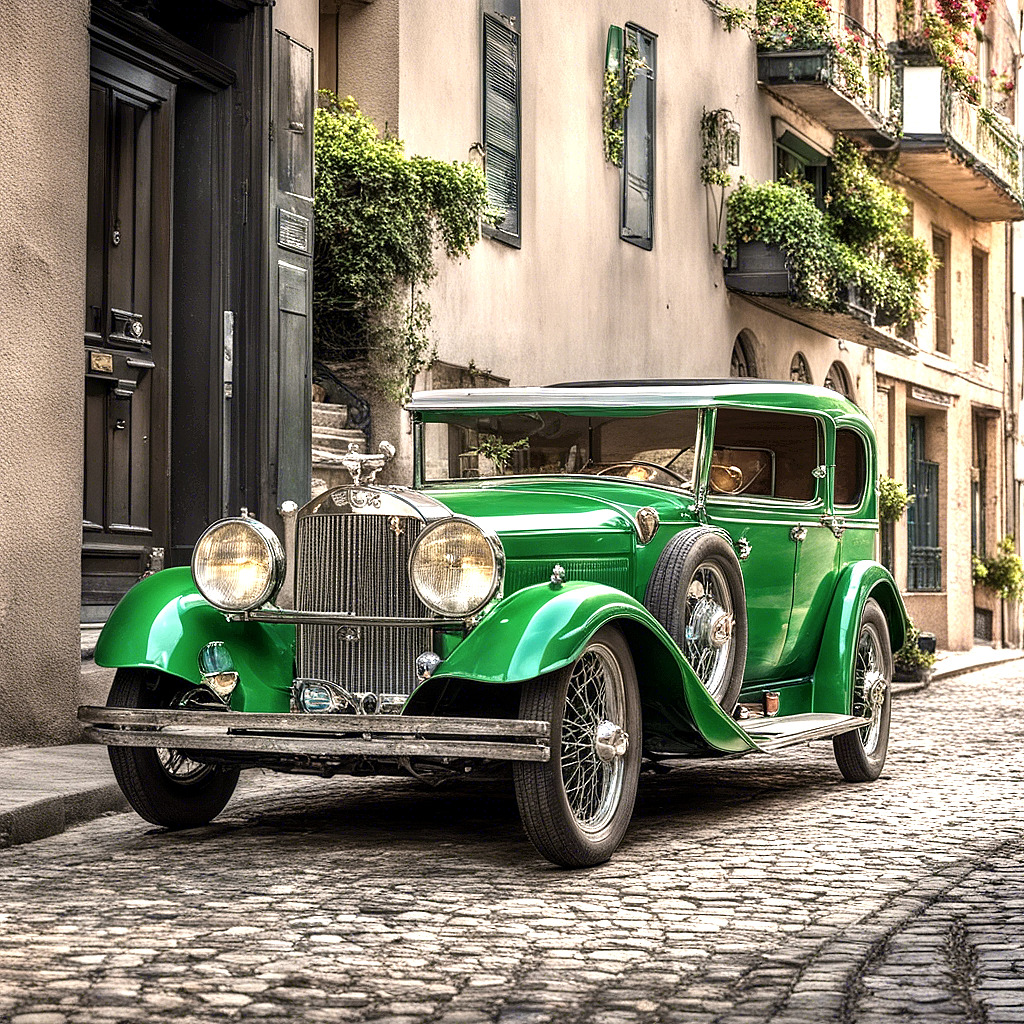 Vintage green classic car on cobblestone street in European city