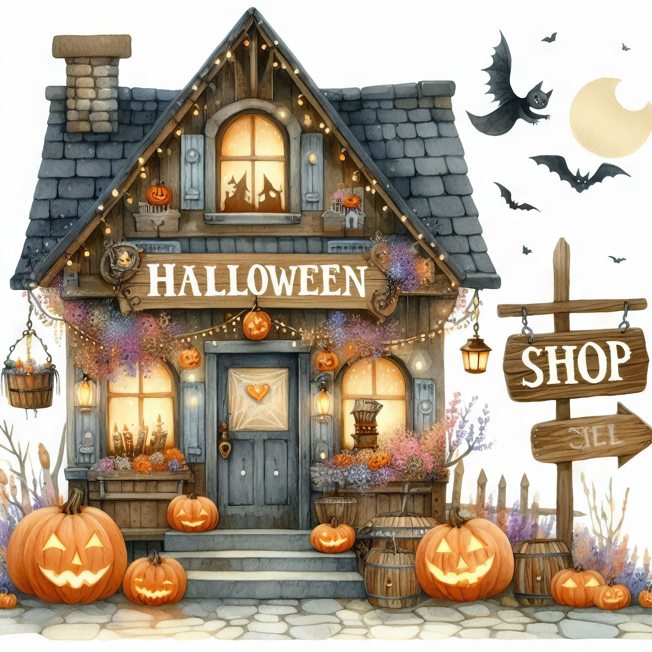 Charming Halloween shop cottage with jack-o'-lanterns, hanging lanterns, bats flying overhead, and rustic wooden sign