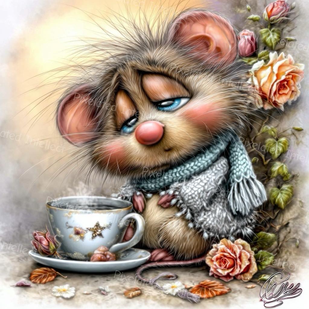 Illustrated mouse wearing a scarf beside a teacup with pink roses
