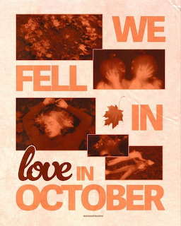 Orange collage with girl in autumn leaves and text 'We Fell in Love in October'