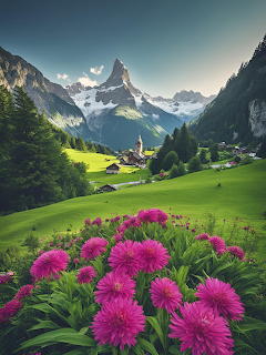 Swiss alpine village with green meadows, pink flowers, and snow-capped mountain peaks