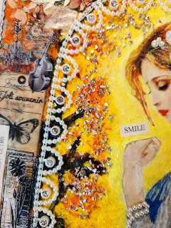 Mixed media collage with vintage images, yellow paint, patterns, and textured elements in abstract composition