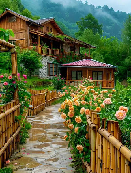 Traditional wooden mountain cottage with flowering garden path in foggy hillside setting