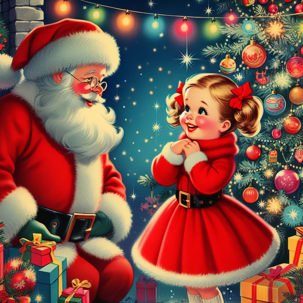 Santa Claus with a young girl in red dress beside a decorated Christmas tree with lights and gifts