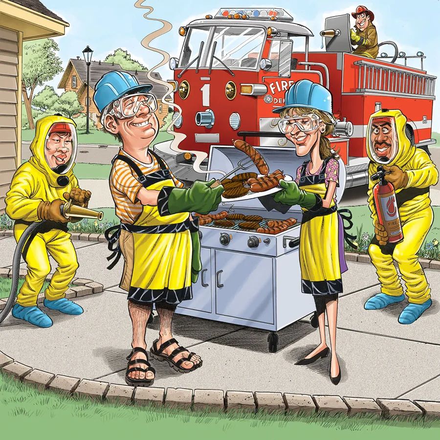 Cartoon firefighters in yellow gear grilling food around BBQ with red fire truck in background