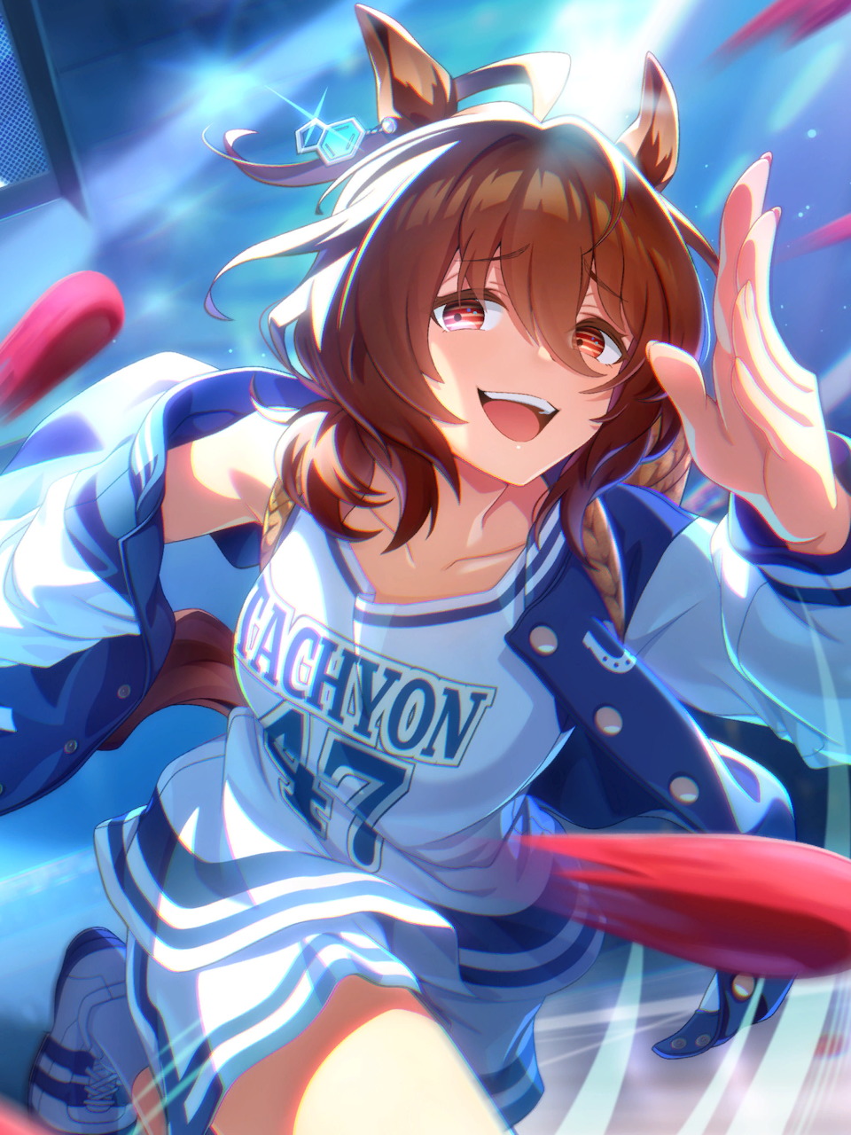 Anime girl Agnes Tachyon with horse ears in lab coat outfit