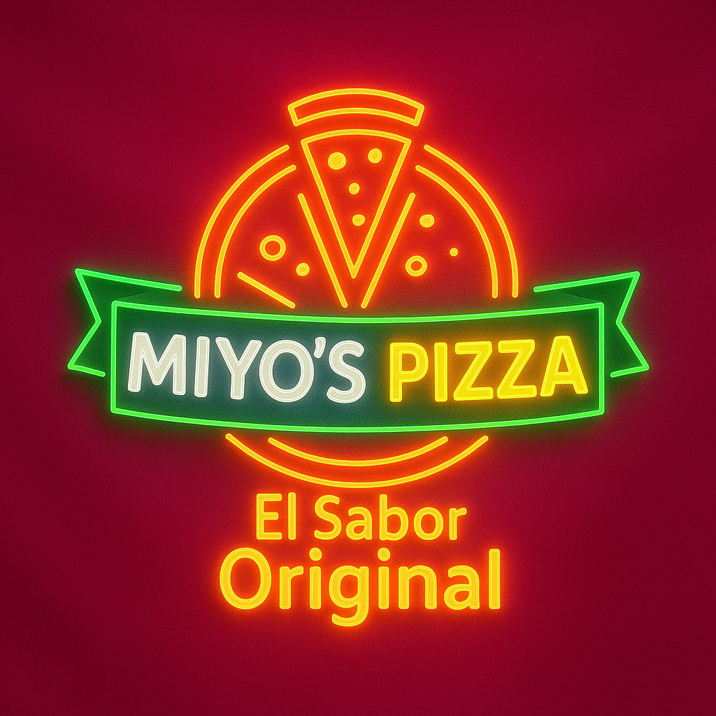 Glowing neon pizza restaurant logo with orange and green elements on red background