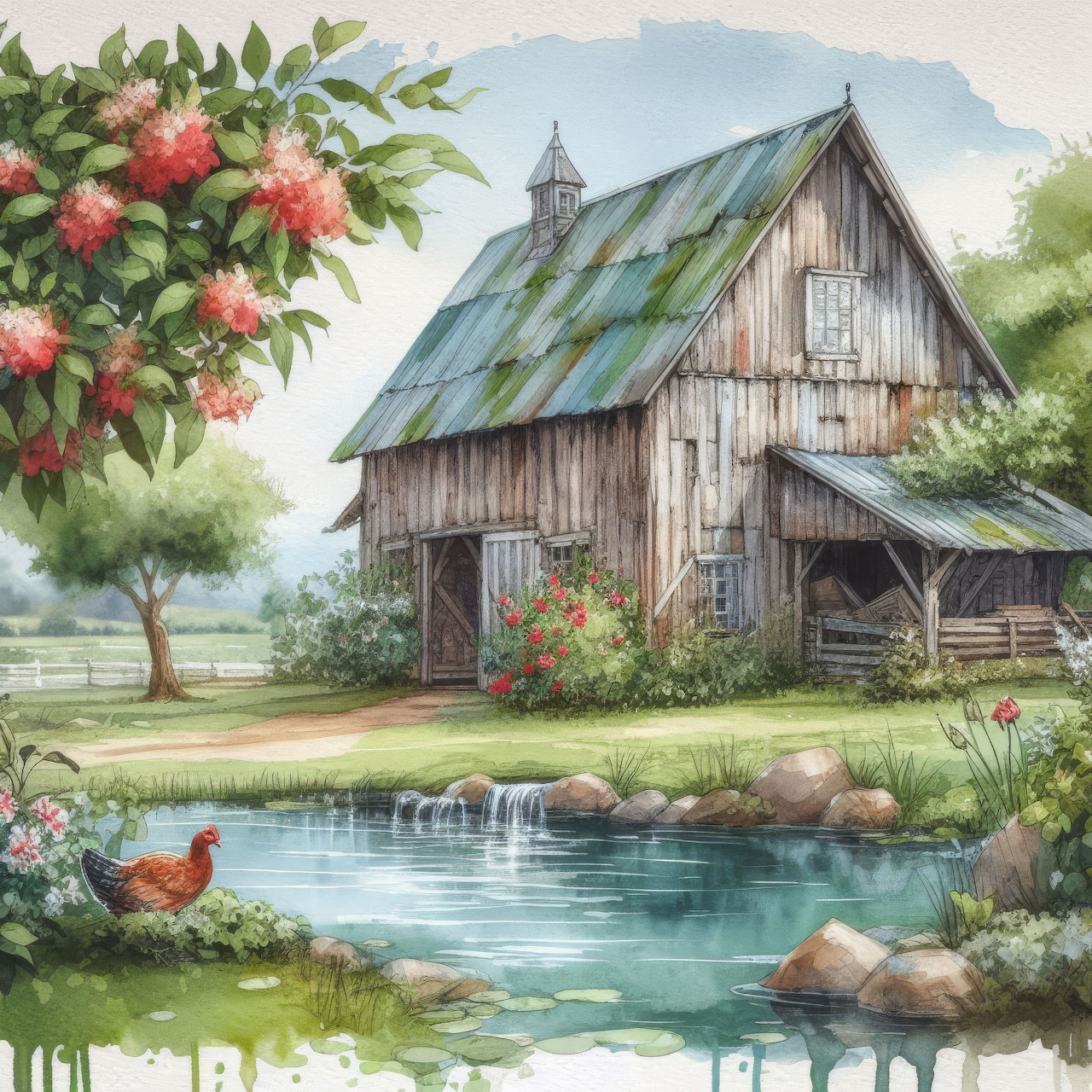 Weathered wooden barn with green roof next to a calm pond, surrounded by flowering trees and garden