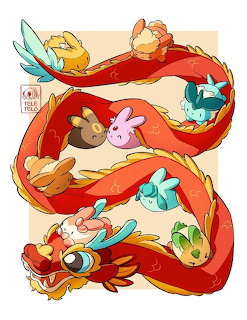 Red dragon-like creature made up of various Eevee evolution Pokémon characters in a stylized illustration