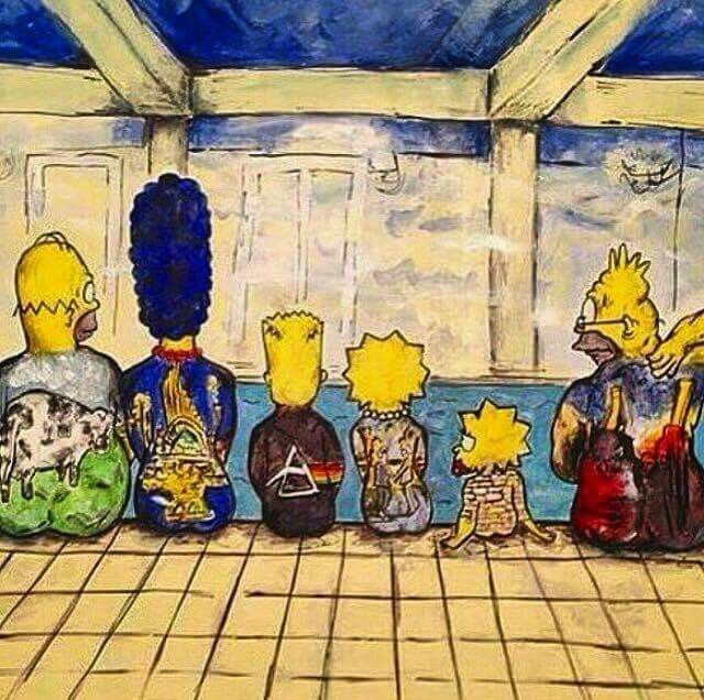 The Simpsons characters shown from behind in a stylized painting with blue tones